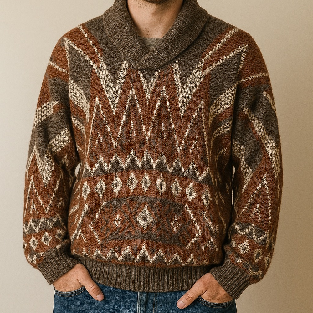 Vintage Men's Shawl Collar Knit Sweater Brown Geometric Pattern 80s 90s Unisex
